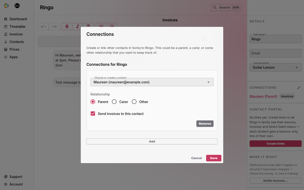 The Connections dialog for Ringo, with Maureen chosen as a Parent and Send invoices to this contact ticked