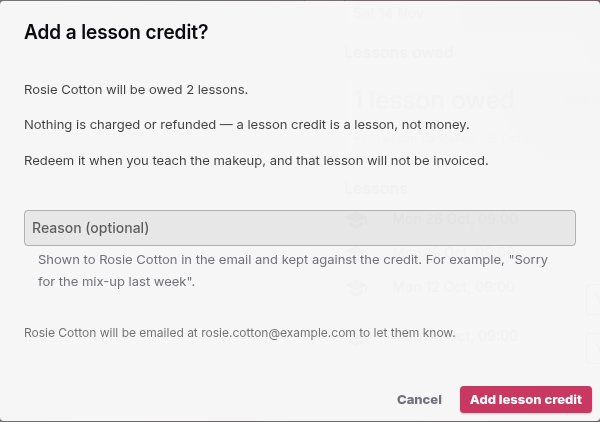 The Add a lesson credit dialog saying Rosie Cotton will be owed 2 lessons