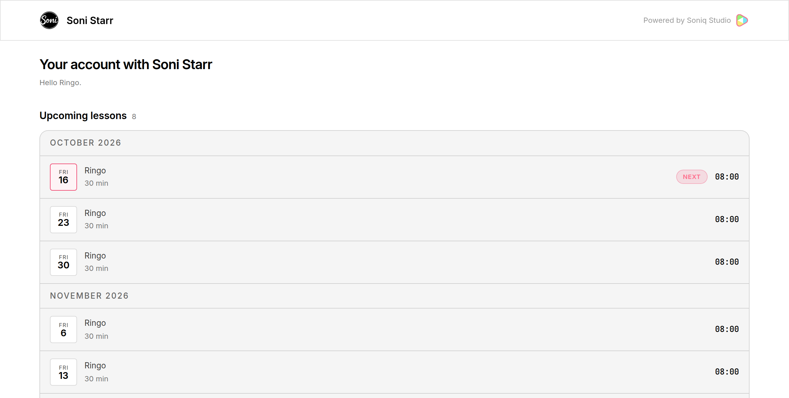 A student’s portal page showing only Upcoming lessons
