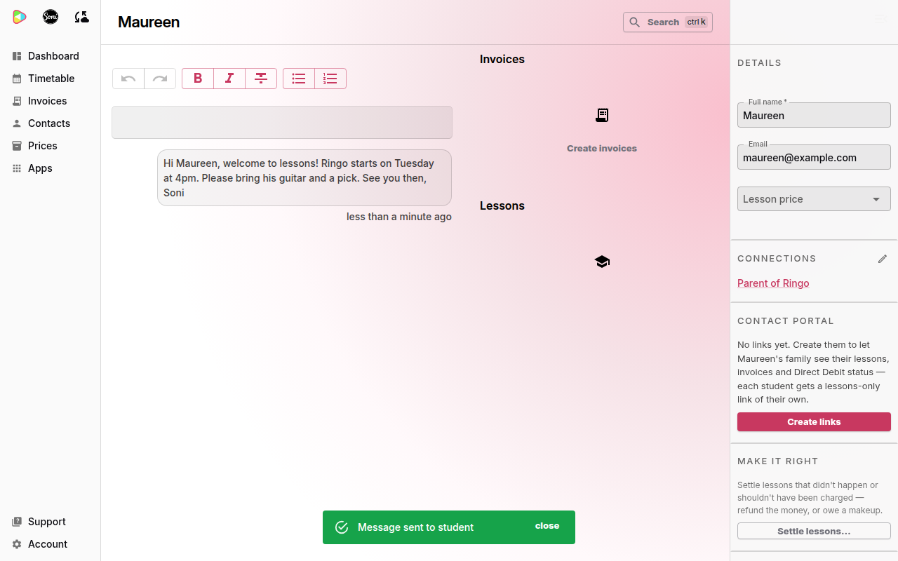Maureen’s contact page with the sent message in the history below the message box and the Message sent to student notice
