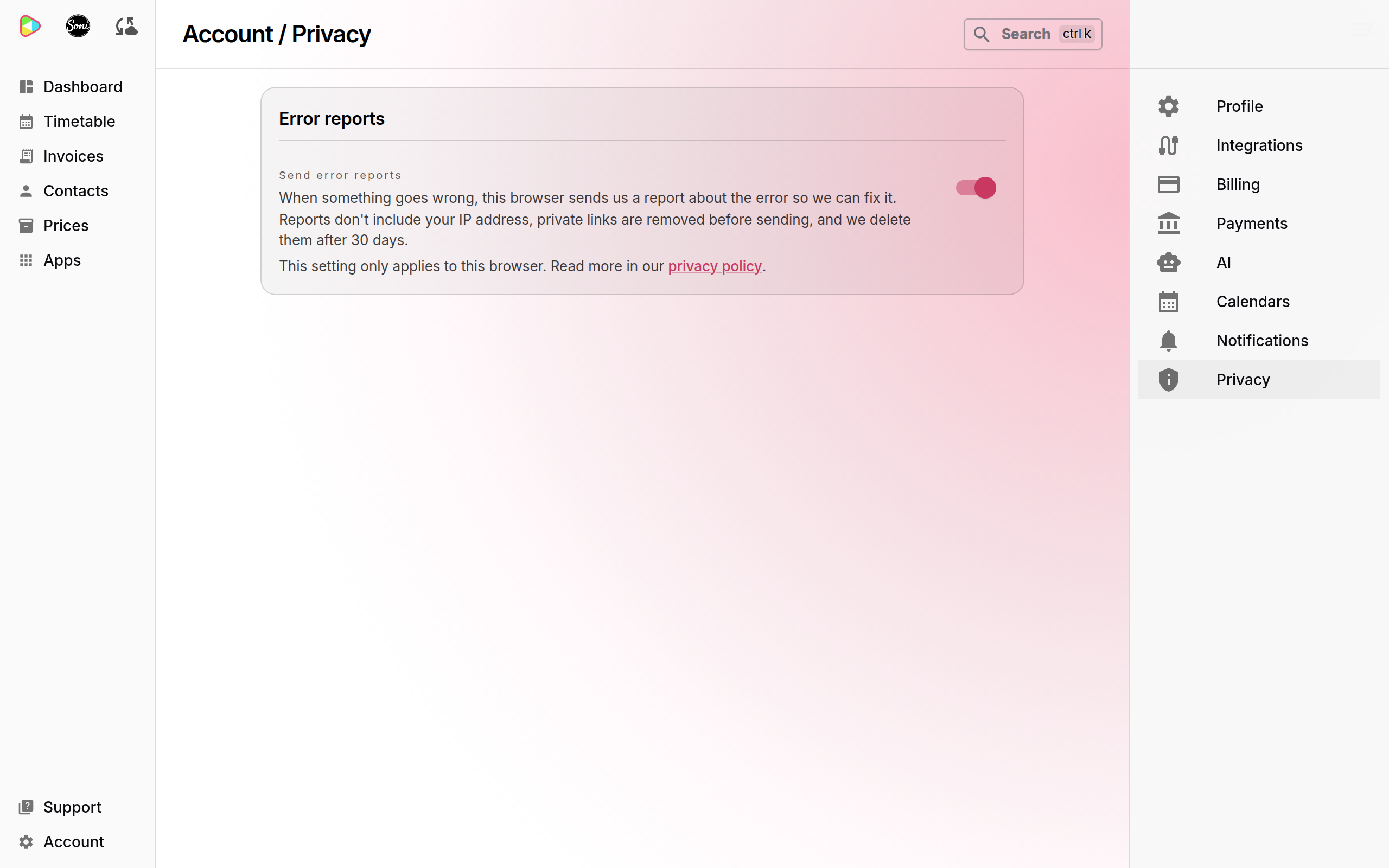 The Account Privacy page with the Send error reports switch