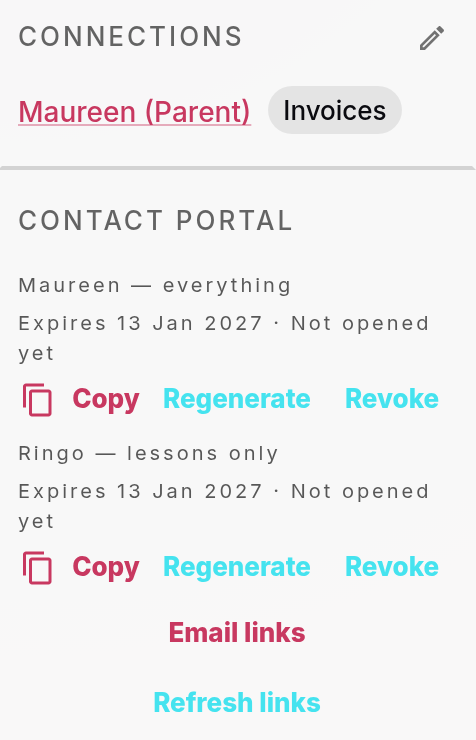 The Contact portal section listing Maureen — everything and Ringo — lessons only, each with an expiry date, Not opened yet, and Copy, Regenerate and Revoke buttons, then Email links and Refresh links